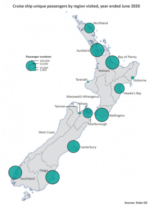 Map of Cruise ship visitors to NZ by region, 2020